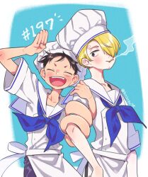 Rule 34 | 2boys, ^ ^, apron, black hair, blonde hair, blue background, blue eyes, blue neckerchief, blush, chef hat, cigarette, closed eyes, commentary request, cowboy shot, curly hair, hair over one eye, hat, highres, locked arms, male focus, mitsubachi koucha, monkey d. luffy, multiple boys, neckerchief, one piece, sanji (one piece), scar, scar on face, short hair, smile, smoke, twitter username, white apron