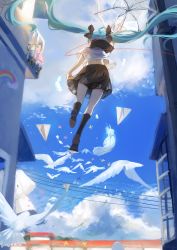 Rule 34 | 1girl, ahoge, aqua hair, balcony, bird, black bow, black collar, black skirt, black socks, blue sky, bow, cable, cloud, cloudy sky, collar, commentary, day, dove, feathers, flower, from behind, from below, full body, hair bow, hatsune miku, highres, holding, holding umbrella, kneehighs, long hair, outdoors, paper airplane, power lines, rainbow, sailor collar, school uniform, serafuku, shirt, shoes, skirt, sky, socks, standing, standing on object, stuko, summer, symbol-only commentary, transparent, transparent umbrella, twintails, umbrella, very long hair, vocaloid, white shirt