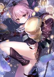 Rule 34 | 1girl, ass, atelier (series), atelier sophie, bare shoulders, barefoot, blush, cone hair bun, corneria (atelier), emia (castilla), feathers, feet, hair bun, highres, looking at viewer, pink hair, red eyes, shoe dangle, short hair, solo