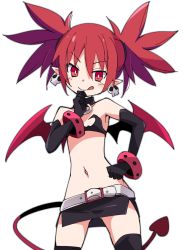 Rule 34 | 1girl, :q, bat wings, belt, black gloves, black thighhighs, cowboy shot, demon girl, demon tail, disgaea, earrings, elbow gloves, etna (disgaea), flat chest, gloves, hand on own chin, ixy, jewelry, looking at viewer, makai senki disgaea, mini wings, miniskirt, navel, pointy ears, red eyes, red hair, short hair, simple background, skirt, skull earrings, smile, solo, standing, tail, thighhighs, tongue, tongue out, twintails, white background, wings
