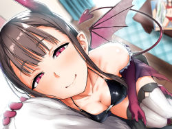 Rule 34 | 1boy, 1girl, aoi tiduru, bare shoulders, bat (animal), blurry, blurry background, breasts, brown hair, cleavage, closed mouth, collarbone, commentary request, demon girl, demon tail, demon wings, elbow gloves, from above, gloves, horns, indoors, looking at viewer, medium breasts, naughty face, original, pants, pointy ears, pov, purple eyes, purple gloves, see-through, shirt, sitting, sitting on lap, sitting on person, smile, solo focus, table, tail, thighhighs, white shirt, white thighhighs, wings, wooden floor