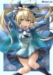 Rule 34 | 1girl, arms up, artist name, bad id, bad pixiv id, blonde hair, blue dress, blue eyes, blue ribbon, boots, breasts, capelet, cloak, collarbone, dress, floating hair, hair between eyes, holding, kanaria hisagi, knee boots, long hair, long sleeves, looking at viewer, medium breasts, puzzle &amp; dragons, ribbon, solo, sophie (shironeko project), teeth, thighs