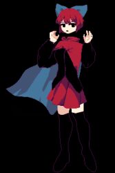 Rule 34 | 1girl, 4qw5 (style), black background, black cape, black eyes, black shirt, blue bow, bow, cape, cloak, full body, hair bow, long sleeves, looking at viewer, open mouth, pixel art, red hair, red skirt, ryanluke, sekibanki, shirt, short hair, simple background, skirt, solo, standing, touhou