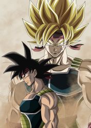 Rule 34 | armor, bandana, bardock, bare shoulders, biceps, black hair, blonde hair, blue eyes, dragon ball, dragonball z, dual persona, from side, highres, looking at viewer, mocky art, monkey tail, muscular, muscular male, saiyan, scar, scar on face, solo, spiked hair, super saiyan, tail, wristband