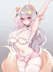 1girl absurdres animal_ears annytf arm_up black_choker blush breasts choker crop_top crop_top_overhang fox_ears fox_girl fox_tail gradient_background grey_hair hair_between_eyes hair_ornament heart heart-shaped_pupils highres indie_virtual_youtuber large_breasts looking_at_viewer micro_shorts miuq_chan navel pink_nails pink_shorts purple_eyes shorts solo star_(symbol) star_hair_ornament sweat symbol-shaped_pupils tail thighhighs underboob virtual_youtuber white_thighhighs