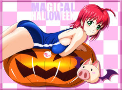 Rule 34 | 1girl, alice wishheart, breast press, breasts, checkered background, copyright name, fang, green eyes, head, jack-o&#039;-lantern, large breasts, lying, magical halloween, on stomach, one-piece swimsuit, pig, pumpkin, red hair, school swimsuit, shopyun, short hair, sideboob, solo, swimsuit