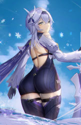 Rule 34 | 1girl, absurdres, ass, ass focus, backless leotard, bare shoulders, blue hair, breasts, cape, eula (genshin impact), genshin impact, gloves, greatsword, hairband, half-closed eyes, haru.u, highres, large breasts, leotard, long hair, looking at viewer, looking back, shiny clothes, shiny skin, sideboob, snow, snowflakes, solo, sword, thick thighs, thigh strap, thighhighs, thighs, weapon, yellow eyes