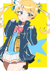 Rule 34 | 1girl, absurdres, blonde hair, blue eyes, blue jacket, blue nails, blush stickers, border, bow, brown footwear, eyelashes, highres, jacket, kiratto pri chan, moegi emo, nail polish, parted lips, pleated skirt, pretty series, red bow, shiraie, skirt, sleeves past wrists, socks, solo, standing, standing on one leg, star (symbol), twintails, white border, white skirt, white socks