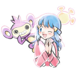 Rule 34 | 1girl, ;d, aipom, blue eyes, blue hair, coat, commentary request, creatures (company), dawn (pokemon), eyelashes, game freak, gen 2 pokemon, hair ornament, hairclip, long sleeves, looking back, monoshiri hakase, nintendo, one eye closed, open mouth, own hands together, pink coat, pokemon, pokemon (anime), pokemon (creature), pokemon dppt (anime), pokemon on back, scarf, simple background, sketch, smile, tongue, upper body, white background, white scarf