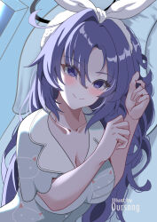 1girl blue_archive blush breasts cleavage halo highres large_breasts long_hair looking_at_viewer oursong_(kiam_pis) pajamas purple_eyes purple_hair smile solo yuuka_(blue_archive) yuuka_(pajamas)_(blue_archive)