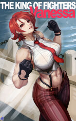 Rule 34 | 1girl, breasts, clenched hands, curvy, gloves, highres, large breasts, legs, looking at viewer, mature female, midriff, navel, necktie, pants, parted lips, pink lips, red eyes, red hair, short hair, snk, solo, suspenders, swwhenry, the king of fighters, thick thighs, thighs, toned, unbuttoned, unzipped, vanessa (kof), wide hips