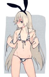 Rule 34 | 1girl, animal print, bikini, black hairband, blonde hair, commentary request, cow print, cowboy shot, flat chest, front-tie top, grey eyes, hairband, highres, kantai collection, long hair, looking at viewer, profile, shimakaze (kancolle), shishanmo, solo, standing, swimsuit, untied bikini, white bikini