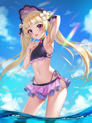 Rule 34 | 1boy, ahoge, arm behind head, armpits, bikini, blonde hair, blue sky, blunt bangs, bonnet, cloud, commentary request, crossdressing, day, finger on lips, flower, frilled bikini, frills, hair flower, hair ornament, highleg, highleg bikini, light rays, long hair, looking at viewer, male focus, navel, open mouth, picter, princess connect!, side-tie bikini bottom, sky, smile, solo, sunbeam, sunlight, swimsuit, thighs, trap, twintails, wading, water, yuki (princess connect!)