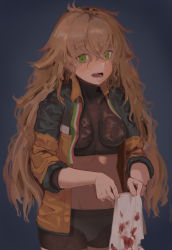 Rule 34 | bike shorts, blonde hair, blood, blood stain, girls&#039; frontline, green eyes, gz (gzdteee), highres, jacket, messy hair, open mouth, panties, s.a.t.8 (girls&#039; frontline), see-through, simple background, solo, sports bra, underwear, wet, wet hair, white panties