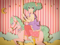 Rule 34 | 1girl, bad id, bad pixiv id, blue eyes, bow, carousel, crescent moon, closed eyes, green eyes, green hair, hair bow, hatsune miku, high heels, highres, holding, horse, kise (swimmt), matching hair/eyes, moon, open mouth, pantyhose, pink pantyhose, polka dot, riding, shoes, silhouette, smile, solo, star (symbol), striped, striped background, vocaloid, wrist cuffs