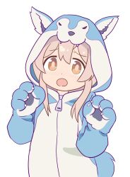 1girl :o animal_costume animal_ears animal_hands animal_hood blush brown_eyes cosplay fake_animal_ears gloves hair_between_eyes hanjyuku3 highres hood hood_up kigurumi long_sleeves looking_at_viewer onii-chan_wa_oshimai! open_mouth oyama_mahiro paw_gloves pink_hair sidelocks simple_background solo tail upper_body white_background wolf_costume wolf_paws wolf_tail zipper