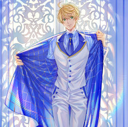 Rule 34 | 1boy, arthur pendragon (fate), arthur pendragon (white rose) (fate), bishounen, blonde hair, blue theme, fate/prototype, fate (series), formal, green eyes, highres, lalatia-meai, male focus, necktie, pinstripe pattern, removing jacket, smile, solo, striped, suit, vest, waistcoat, white vest