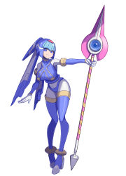 Rule 34 | 1girl, armor, blue armor, blue eyes, blue footwear, blue helmet, boots, breasts, espantoso aho, fairy leviathan (mega man), fins, forehead jewel, full body, head fins, highres, holding, holding polearm, holding weapon, large breasts, looking at viewer, mega man (series), mega man zero (series), polearm, simple background, smile, solo, spear, thigh boots, weapon, white background