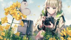 Rule 34 | 1girl, arknights, black thighhighs, blonde hair, bug, butterfly, camera, closed mouth, day, flower, green eyes, grey jacket, holding, holding camera, hood, hood down, hooded jacket, insect, jacket, lens (arknights), long sleeves, one side up, outdoors, petals, scene (arknights), short hair, single thighhigh, smile, tanagawa makoto, thighhighs, yellow flower