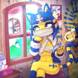 Rule 34 | 1boy, 1girl, ahoge, alternate costume, animal crossing, animal ears, animal hands, ankh, ankha (animal crossing), artist name, ass, bandaged head, bandages, blue eyes, blue eyeshadow, blue hair, blue jacket, blunt bangs, blurry, bob cut, body fur, bottomless, breasts, cat ears, cat girl, cat tail, cellphone, character print, claws, covered mouth, crossed legs, depth of field, drawing (object), egyptian, eyeshadow, female focus, fur-trimmed jacket, fur collar, fur trim, furry, furry female, glowing, glowing eyes, gold, hair ornament, half-closed eyes, hands up, heart, highres, holding, holding phone, house, indoors, jacket, leg tattoo, light rays, long sleeves, looking outside, looking to the side, lotion bottle, makeup, medium breasts, mole, mole on ass, mole on breast, navel, nintendo, notice lines, on stool, open clothes, open jacket, panteon013, phone, picture frame, sarashi, sarcophagus, self-upload, short hair, sidelocks, signature, sitting, smartphone, snake hair ornament, solo focus, speech bubble, stool, striped tail, sunlight, surprised, tail, tattoo, text messaging, thighs, tissue, tissue box, villager (animal crossing), window, yellow fur, yellow pupils, zipper