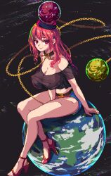 Rule 34 | 1girl, bare legs, bare shoulders, black choker, black shirt, blush, breasts, chain, choker, cleavage, covered erect nipples, crop top, earth (ornament), earth (planet), from side, full body, full moon, hat, hecatia lapislazuli, high heels, large breasts, leaning forward, long hair, looking at viewer, midriff, miniskirt, moon, moon (ornament), navel, no bra, off-shoulder shirt, off shoulder, pixel art, planet, puck100ml, red eyes, red hair, rock, see-through, see-through shirt, shirt, sitting, sitting on object, sitting on rock, skirt, smile, solo, thighs, touhou
