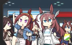 Rule 34 | 5girls, :&lt;, ahoge, animal ears, arcade, arcade cabinet, brown hair, ceiling light, character doll, chibi, clenched hands, closed eyes, clothes writing, crane game, dance dance revolution, dancing, flower-shaped pupils, hair over one eye, hairband, hamu koutarou, highres, hood, hoodie, horse ears, horse girl, horse tail, indoors, jacket, leg up, long hair, mihono bourbon (umamusume), multiple girls, open mouth, parted lips, rice shower (umamusume), sakura bakushin o (umamusume), shirt, silence suzuka (umamusume), sleeves rolled up, special week (umamusume), striped clothes, striped shirt, sweatdrop, symbol-shaped pupils, tail, tokai teio (umamusume), umamusume, v-shaped eyebrows