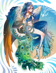 Rule 34 | 1girl, anklet, bird legs, bird tail, blue eyes, blue hair, breasts, commentary request, commission, feathered wings, hand fan, harpy, highres, hogara, holding, holding fan, jewelry, long hair, medium breasts, monster girl, original, peacock feathers, ponytail, smile, solo, tail, talons, toe ring, underboob, very long hair, wings