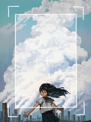 Rule 34 | 1girl, absurdres, black hair, black sailor collar, black skirt, blue sky, blush, closed eyes, cloud, commentary request, from behind, highres, long hair, looking back, myango (applemangocrape), original, outstretched arms, parted lips, pleated skirt, pollution, sailor collar, school uniform, serafuku, shirt, short sleeves, skirt, sky, smile, smoke, smokestack, solo, viewfinder, white shirt