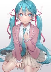 Rule 34 | 1girl, alternate costume, between legs, black footwear, blue eyes, blue hair, blue nails, blue necktie, bow, center frills, chan bra555, clenched hand, collared shirt, expressionless, eyelashes, eyes visible through hair, fingernails, frills, full body, gradient background, grey background, hair between eyes, hair bow, hand between legs, hand up, hatsune miku, heart, high-waist skirt, highres, jacket, lace, lace trim, loafers, long hair, looking at viewer, looking up, low twintails, nail polish, necktie, on floor, open clothes, open jacket, parted lips, pink jacket, pleated skirt, red bow, shiny skin, shirt, shirt tucked in, shoes, simple background, sitting, skirt, socks, solo, striped clothes, striped skirt, tsurime, twintails, vertical-striped clothes, vertical-striped skirt, very long hair, vocaloid, wariza, white background, white shirt, white socks