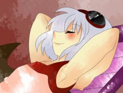 Rule 34 | 1girl, arms behind head, bat wings, beach chair, blue hair, closed eyes, hammer (sunset beach), indoors, one-piece swimsuit, pink one-piece swimsuit, relaxing, remilia scarlet, short hair, sunglasses, swimsuit, touhou, wings