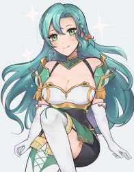 Rule 34 | 1girl, aqua hair, armor, bare shoulders, bike shorts, black shorts, boots, braid, breasts, chloe (fire emblem), cleavage, commentary, elbow gloves, fire emblem, fire emblem engage, gloves, green eyes, highres, large breasts, long hair, looking at viewer, nintendo, purrlucii, shorts, shoulder armor, sitting, smile, solo, thigh boots, very long hair, white footwear, white gloves