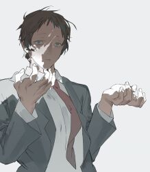 Rule 34 | 1boy, adachi tooru, blue eyes, brown hair, closed mouth, collared shirt, commentary request, grey background, hands up, kaninn, long sleeves, looking at viewer, male focus, necktie, persona, persona 4, red necktie, shirt, short hair, simple background, solo, upper body, white shirt