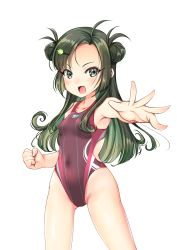 Rule 34 | 1girl, absurdres, ahoge, black hair, blue ribbon, breasts, collarbone, covered navel, double bun, dress, forehead, foreshortening, green hair, hair bun, halterneck, highleg, highleg swimsuit, highres, kantai collection, long hair, makinami (kancolle), multicolored hair, neck ribbon, one-piece swimsuit, pleated dress, purple dress, purple one-piece swimsuit, ribbon, school uniform, shirt, simple background, small breasts, smile, solo, standing, swimsuit, thighs, white background, white shirt, yashin (yasinz)