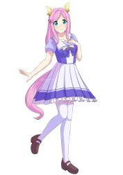 Rule 34 | 1girl, absurdres, animal ears, aqua eyes, bow, fluttershy, full body, hair ornament, highres, horse ears, horse girl, horse tail, loafers, my little pony, pink hair, school uniform, shoes, simple background, solo, tail, thighhighs, tracen school uniform, umamusume, wg himo, white background, white thighhighs