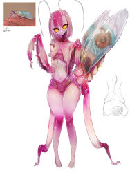 Rule 34 | 1girl, antennae, arthropod girl, breasts, colored sclera, colored skin, extra legs, female focus, highres, insect wings, monster girl, my700, nude, original, pink hair, pink skin, pussy, reference photo, simple background, solo, white background, wings, yellow sclera