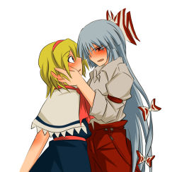 Rule 34 | 2girls, alice margatroid, blonde hair, blue eyes, blush, eye contact, female focus, fujiwara no mokou, hair ribbon, hairband, hand on another&#039;s face, imminent kiss, japanese clothes, long hair, looking at another, makoto (pixiv), makoto jon, miko, multiple girls, open mouth, red eyes, ribbon, serious, short hair, silver hair, simple background, surprised, touhou, very long hair, white background, yuri