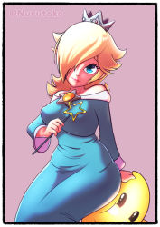 Rule 34 | 1girl, artist name, black eyes, blonde hair, blue dress, blue eyes, blush stickers, border, closed mouth, crown, dress, eyelashes, hair over one eye, hand on another&#039;s head, head tilt, highres, holding, holding wand, lips, long hair, long sleeves, looking at viewer, luma (mario), mario (series), nintendo, nurutako, rosalina, sitting, sitting on person, smile, star wand, super mario galaxy, wand, wide sleeves