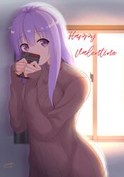 Rule 34 | 1girl, absurdres, bloom, box, breasts, brown sweater, clenched hands, commentary, covering own mouth, cowboy shot, double-parted bangs, eyes visible through hair, fumimaru, gift, gift box, grey background, hair between eyes, hands up, happy valentine, highres, holding, holding gift, indoors, ise kotori, large breasts, light purple hair, long hair, looking at viewer, own hands together, riddle joker, shy, signature, simple background, sleeves past wrists, solo, sweater, window, wing hair ornament