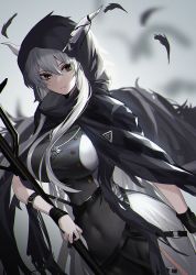 Rule 34 | 1girl, arknights, breasts, brown eyes, cape, falling feathers, feathers, hair between eyes, highres, holding, holding weapon, hood, horns, jewelry, large breasts, long hair, multicolored clothes, necklace, parted lips, shining (arknights), silver hair, weapon, wings, wristband, xiujia yihuizi