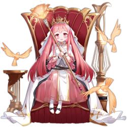 Rule 34 | 1girl, :d, ark order, artist request, belt, bird, black belt, black bow, blush, boots, bow, crown, detached collar, dress, faux figurine, footwear bow, forseti (ark order), full body, holding, holding staff, jewelry, long hair, looking at viewer, necklace, official art, open mouth, pink eyes, pink hair, pink skirt, see-through, see-through skirt, sitting, skirt, smile, solo, staff, throne, transparent background, veil, very long hair, white dress, white footwear, wrist cuffs
