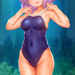 Rule 34 | 1girl, blue one-piece swimsuit, blush, breasts, cameltoe, clothes pull, collarbone, covered navel, endou hiroto, groin, head out of frame, highres, medium breasts, medium hair, one-piece swimsuit, one-piece swimsuit pull, open mouth, outdoors, pulled by self, purple hair, school swimsuit, skin tight, skindentation, solo, strap pull, swimsuit, thighs
