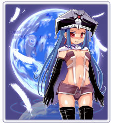 Rule 34 | 1girl, althena, black thighhighs, blue hair, dark persona, elbow gloves, feathers, game arts, gloves, hat, long hair, looking at viewer, luna noah, lunar, navel, red eyes, revealing clothes, sasago kaze, smile, solo, thighhighs, very long hair