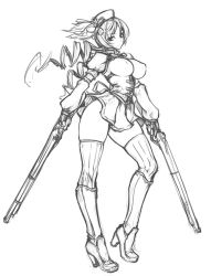 Rule 34 | 10s, 1girl, beret, boots, breasts, corset, covered erect nipples, drill hair, fingerless gloves, gloves, greyscale, gun, hair ornament, hairpin, hat, high heel boots, high heels, knee boots, long hair, looking at viewer, magical girl, magical musket, mahou shoujo madoka magica, mahou shoujo madoka magica (anime), medium breasts, monochrome, pleated skirt, puffy sleeves, rindou (radical dream), skirt, striped clothes, striped thighhighs, thighhighs, tomoe mami, twin drills, twintails, vertical-striped clothes, vertical-striped thighhighs, weapon