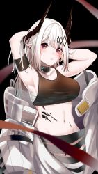 Rule 34 | 1girl, :t, arknights, armband, armpits, arms behind head, arms up, bandages, bare shoulders, black background, black choker, blurry, blush, breasts, chest sarashi, choker, commentary, cowboy shot, crop top, depth of field, eix2, english commentary, groin, highres, horns, infection monitor (arknights), large breasts, long hair, looking at viewer, material growth, midriff, mudrock (arknights), mudrock (elite ii) (arknights), navel, oripathy lesion (arknights), pointy ears, red eyes, sarashi, simple background, solo, sports bra, standing, stomach, white hair