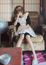 Rule 34 | 1girl, apron, black shirt, black skirt, brown eyes, brown hair, couch, cup, electric fan, frilled apron, frills, gishiki (gshk), head rest, highres, medium hair, on couch, original, photo background, shirt, shouji, sitting, skirt, sliding doors, slippers, solo, white apron, white footwear, wolf cut