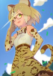 Rule 34 | 10s, 1g no izumi, adjusting eyewear, animal ears, bare shoulders, belt, blonde hair, blue skirt, bow, bowtie, cat ears, cat tail, chromatic aberration, cloud, day, elbow gloves, extra ears, fang, from below, glasses, gloves, green eyes, hand on own hip, high-waist skirt, kemono friends, margay (kemono friends), margay print, outdoors, print gloves, print neckwear, print skirt, shirt, skirt, sleeveless, sleeveless shirt, smile, tail