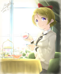Rule 34 | 1girl, absurdres, artist request, black tie, bow, brown hair, chair, collar, cup, dress, flower, food, hair ribbon, highres, holding, holding cup, koizumi hanayo, looking at viewer, love live!, love live! school idol project, macaron, purple eyes, red bow, ribbon, saucer, short hair, smile, solo, table, tea, teacup, teapot, teaspoon, window