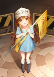 Rule 34 | 10s, 1girl, :d, bag, black footwear, blue shirt, blush, boots, brown eyes, brown hair, character name, clothes writing, commentary request, flag, flat cap, hair between eyes, hat, hataraku saibou, highres, holding, holding flag, knee boots, long hair, open mouth, platelet (hataraku saibou), seero, shirt, short sleeves, shoulder bag, smile, solo, standing, very long hair, white hat