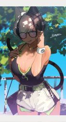 Rule 34 | 1girl, :p, animal ears, bag, belt, black-framed eyewear, black hair, blue eyes, breasts, cat ears, cat tail, choker, cleavage, day, glasses, highres, large breasts, looking at viewer, multicolored hair, original, outdoors, sakuhiko, short hair, solo, swept bangs, tail, tank top, tongue, tongue out, two-tone hair, watch, white hair, wristwatch