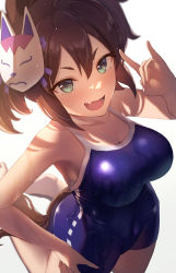 Rule 34 | 1girl, :d, backlighting, blue one-piece swimsuit, blush, breasts, brown hair, fang, fox mask, fox shadow puppet, gradient background, green eyes, grey background, hair between eyes, hand on own hip, highres, horse girl, inari one (umamusume), kneeling, large breasts, mask, mask on head, one-piece swimsuit, open mouth, ray mil68, school swimsuit, short hair, simple background, skin fang, smile, solo, swimsuit, thighs, umamusume, white background